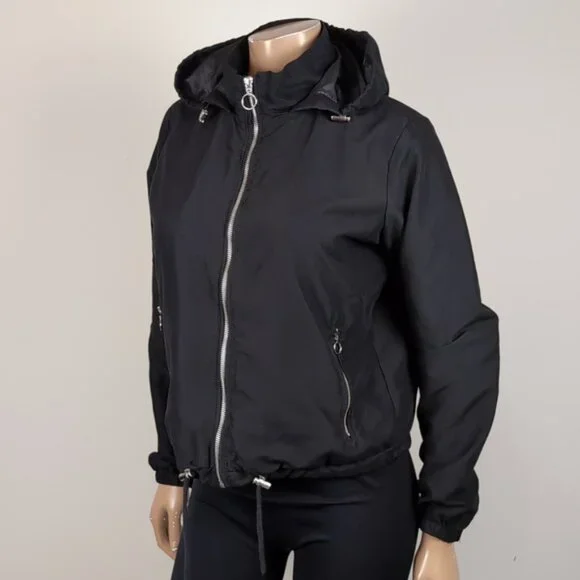 Suzy Shier Soft Shell Hooded Jacket Black Drawstring Adjustable Spring Fall - Picture 2 of 11